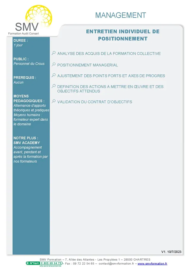Fiche programme de la formation Entretien individuel de positionnement : durée, public, prérequis, objectifs pédagogiques et contenu