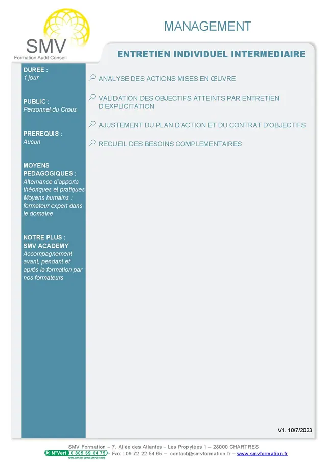 Fiche programme de la formation Entretien individuel intermediaire : durée, public, prérequis, objectifs pédagogiques et contenu