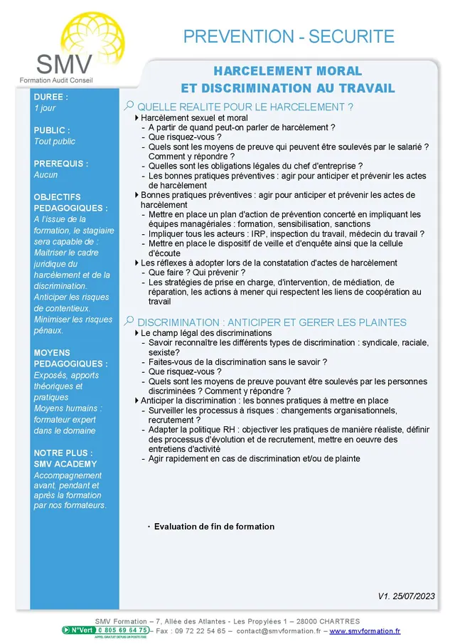 Fiche programme de la formation Harcèlement moral et discrimination bis : durée, public, prérequis, objectifs pédagogiques et contenu