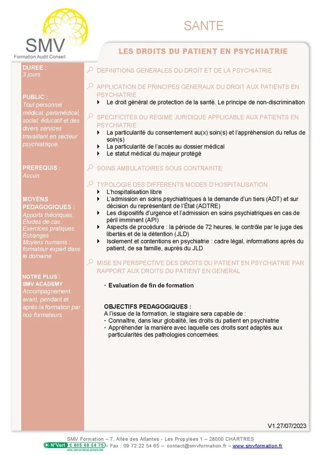 Fiche programme de la formation Les droits du patient en psychiatrie : durée, public, prérequis, objectifs pédagogiques et contenu