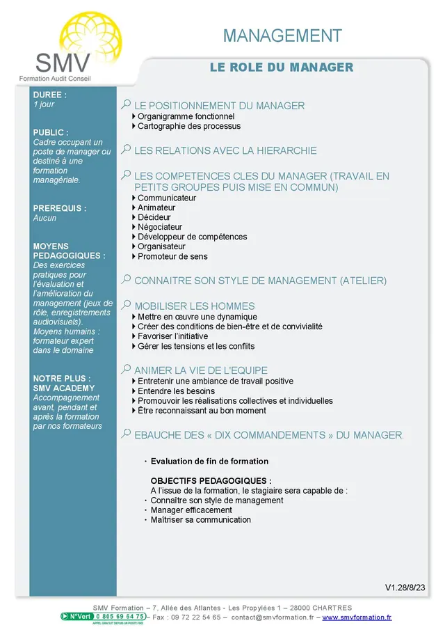 Fiche programme de la formation le rôle du manager 1j : durée, public, prérequis, objectifs pédagogiques et contenu