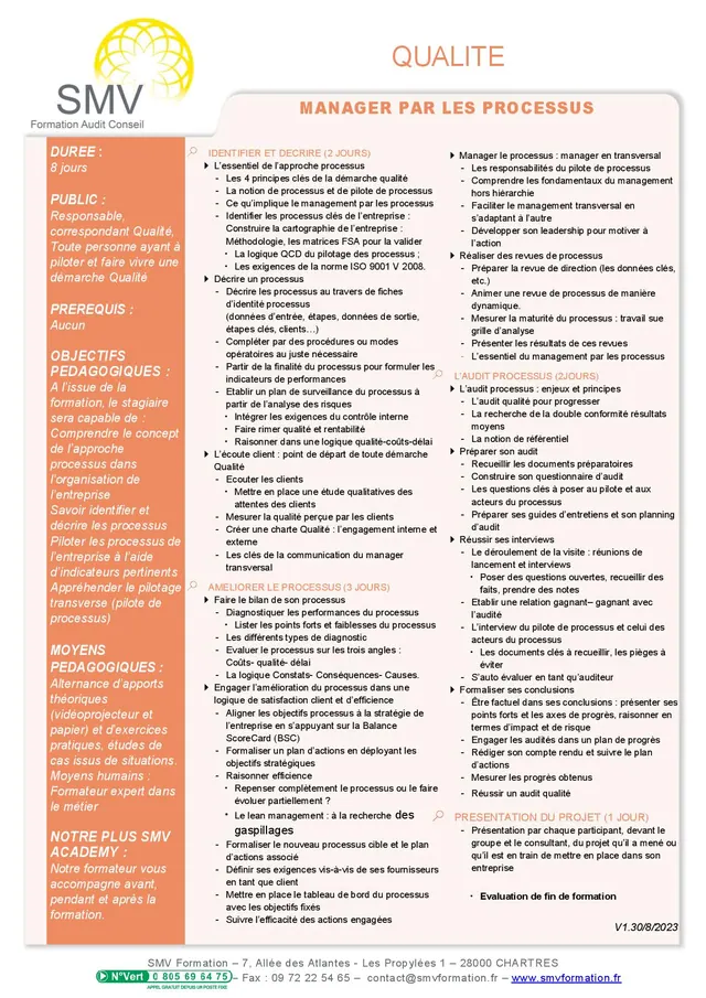 Fiche programme de la formation manager par les processus : durée, public, prérequis, objectifs pédagogiques et contenu