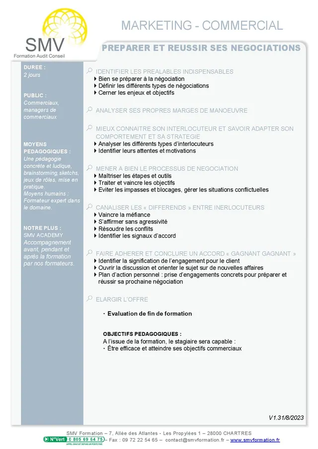 Fiche programme de la formation preparer et reussir ses negociations : durée, public, prérequis, objectifs pédagogiques et contenu