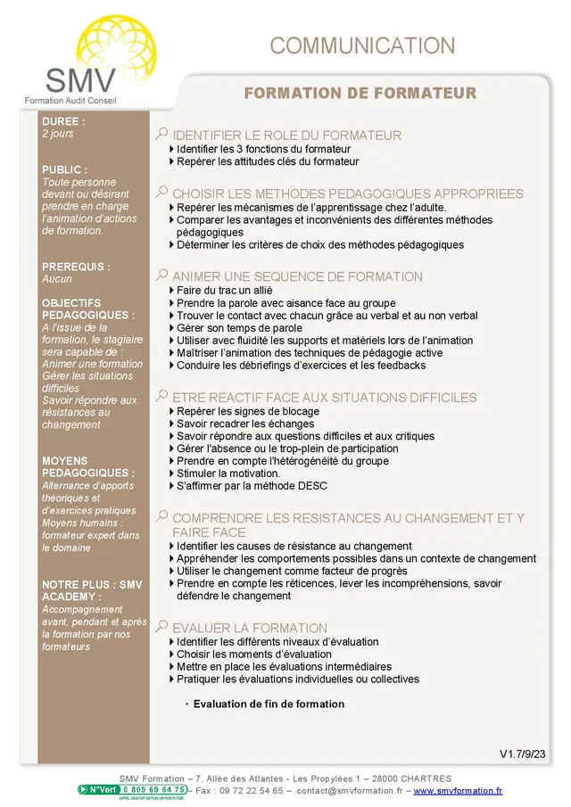 Fiche programme de la formation FORMATION DE FORMATEUR : durée, public, prérequis, objectifs pédagogiques et contenu