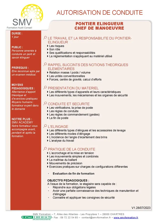 Fiche programme de la formation PONTIER ELINGUEUR CHEF DE MANOEUVRE : durée, public, prérequis, objectifs pédagogiques et contenu