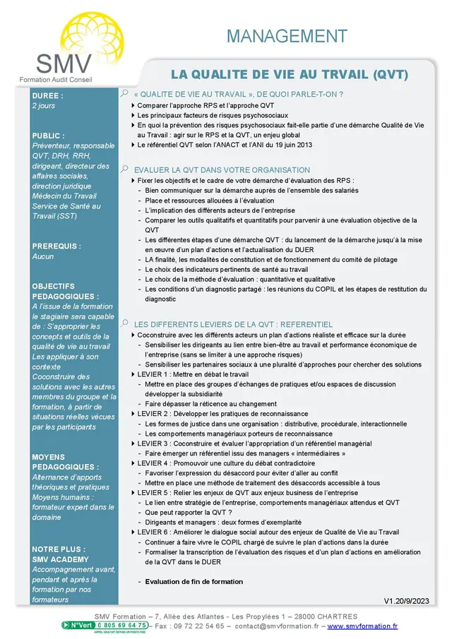Fiche programme de la formation Manager la qualité de vie au travail : durée, public, prérequis, objectifs pédagogiques et contenu