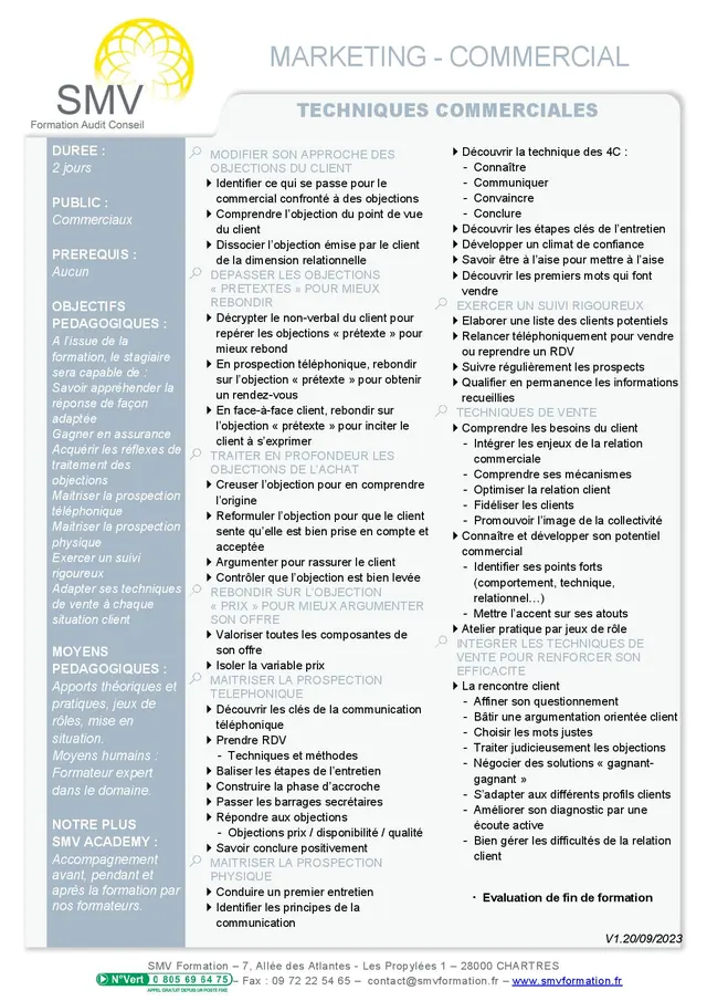 Fiche programme de la formation Techniques commerciales 2 jours : durée, public, prérequis, objectifs pédagogiques et contenu