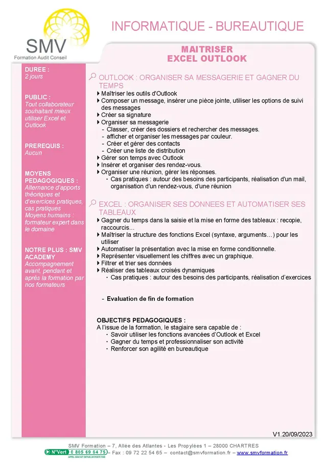 Fiche programme de la formation Maitriser Excel Outlook : durée, public, prérequis, objectifs pédagogiques et contenu