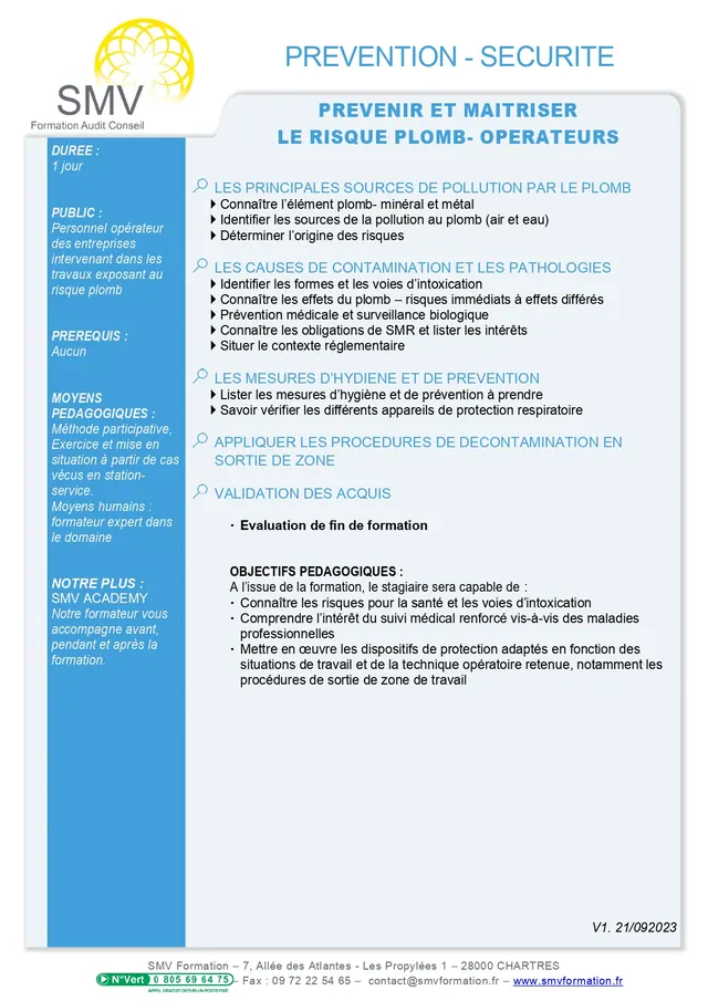 Fiche programme de la formation Prevenir et maitriser les risques lies au plomb  operateurs : durée, public, prérequis, objectifs pédagogiques et contenu