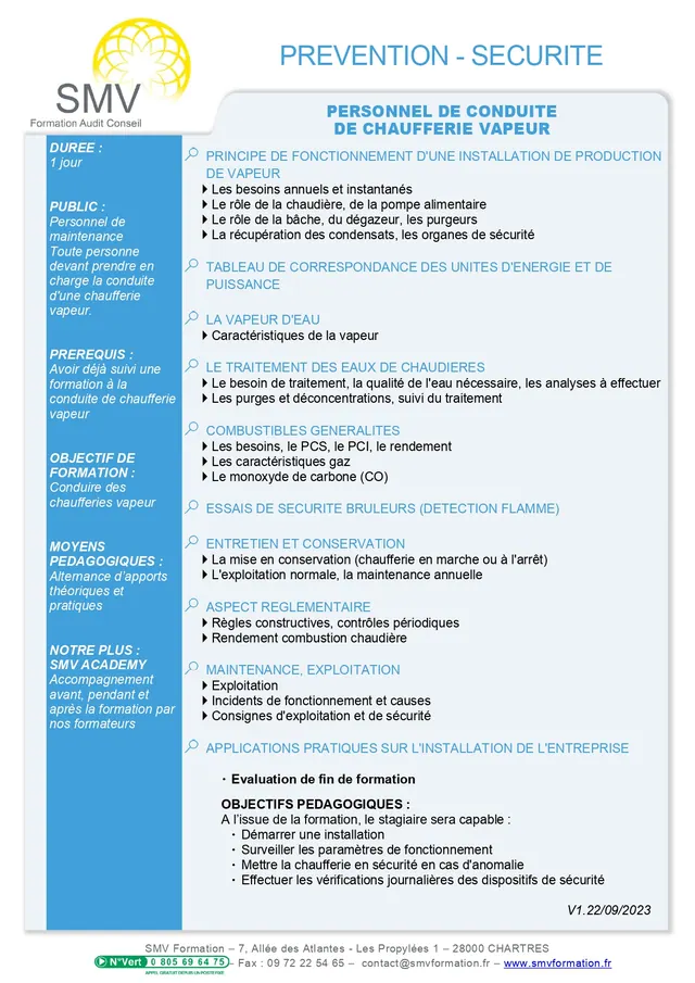 Fiche programme de la formation Personnel de conduite de chaufferie vapeur : durée, public, prérequis, objectifs pédagogiques et contenu