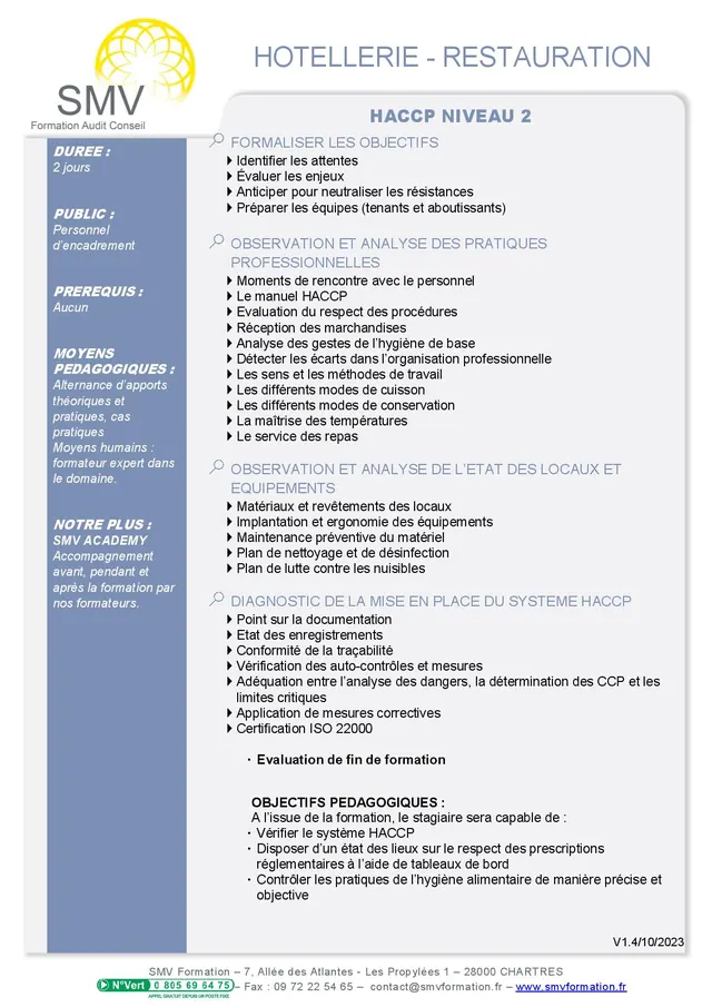 Fiche programme de la formation HACCP NIVEAU 2 : durée, public, prérequis, objectifs pédagogiques et contenu