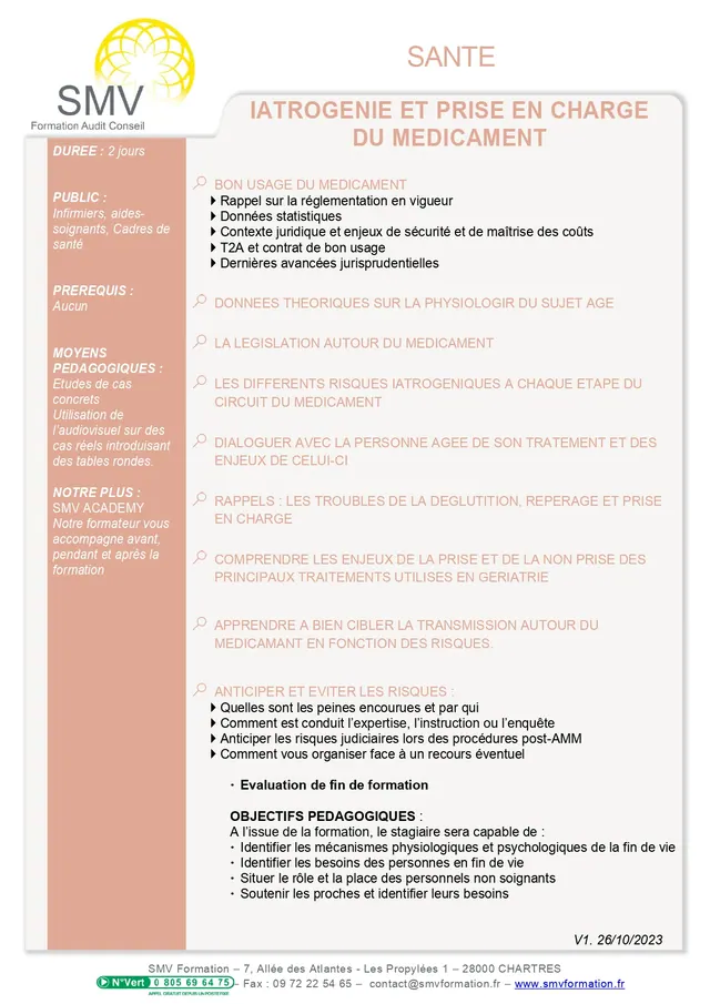 Fiche programme de la formation iatrogenie et prise en charge du medicament : durée, public, prérequis, objectifs pédagogiques et contenu