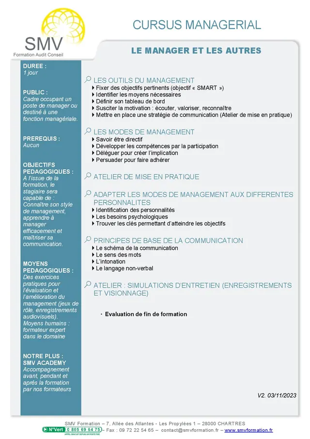 Fiche programme de la formation Le manager et les autres 1 jour : durée, public, prérequis, objectifs pédagogiques et contenu