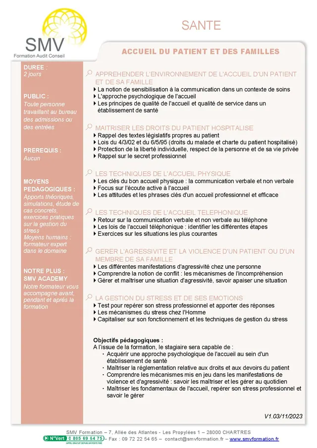 Fiche programme de la formation Accueil du Patient et des Familles : durée, public, prérequis, objectifs pédagogiques et contenu
