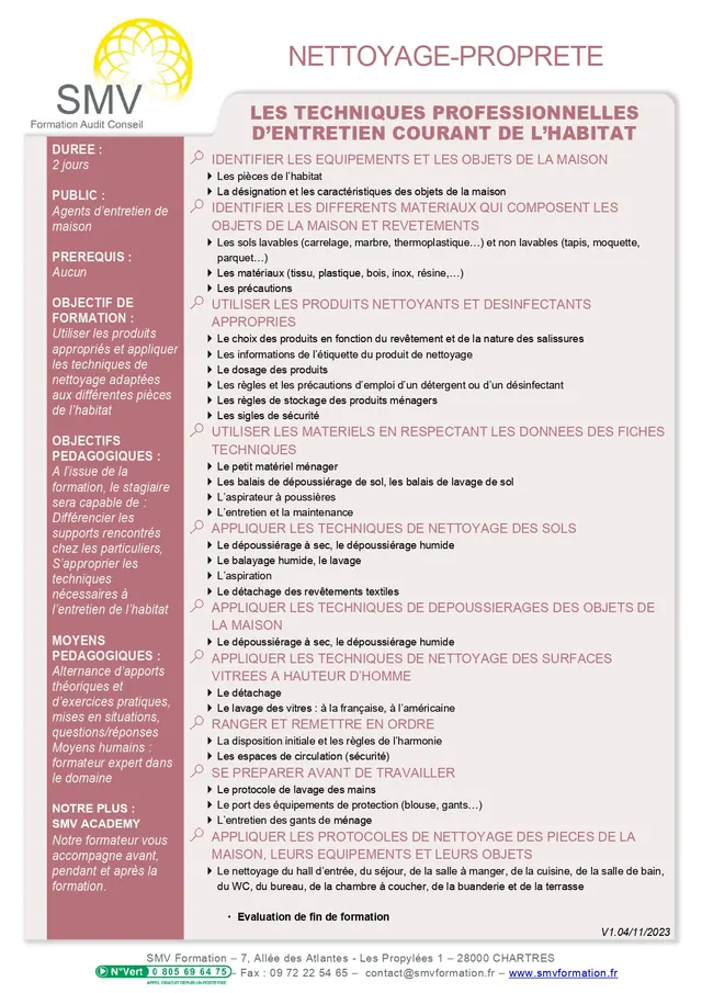 Fiche programme de la formation Les techniques professionnelles d’entretien courant de l’habitat 2 jours : durée, public, prérequis, objectifs pédagogiques et contenu