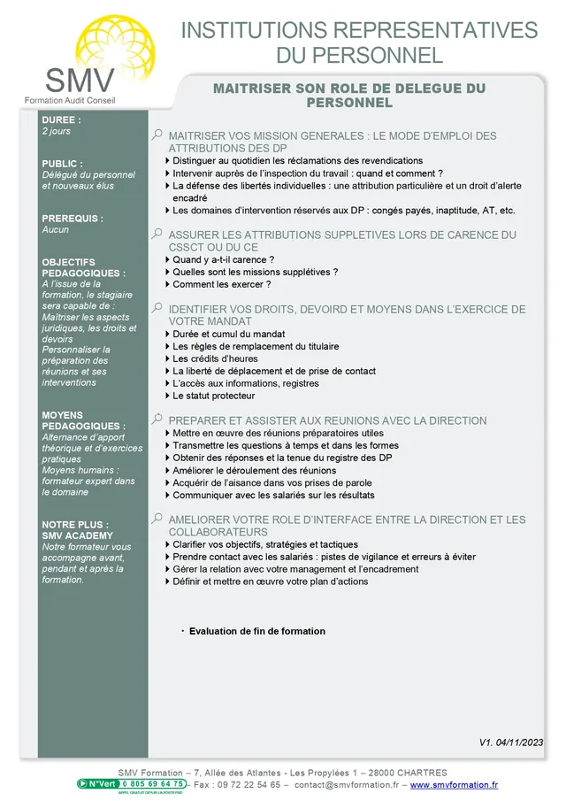 Fiche programme de la formation maitriser son role de delegue du personnel : durée, public, prérequis, objectifs pédagogiques et contenu