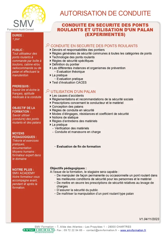 Fiche programme de la formation Autorisation de Conduite en Sécurité des Ponts Roulants et Utilisation d’un Palan EXP : durée, public, prérequis, objectifs pédagogiques et contenu