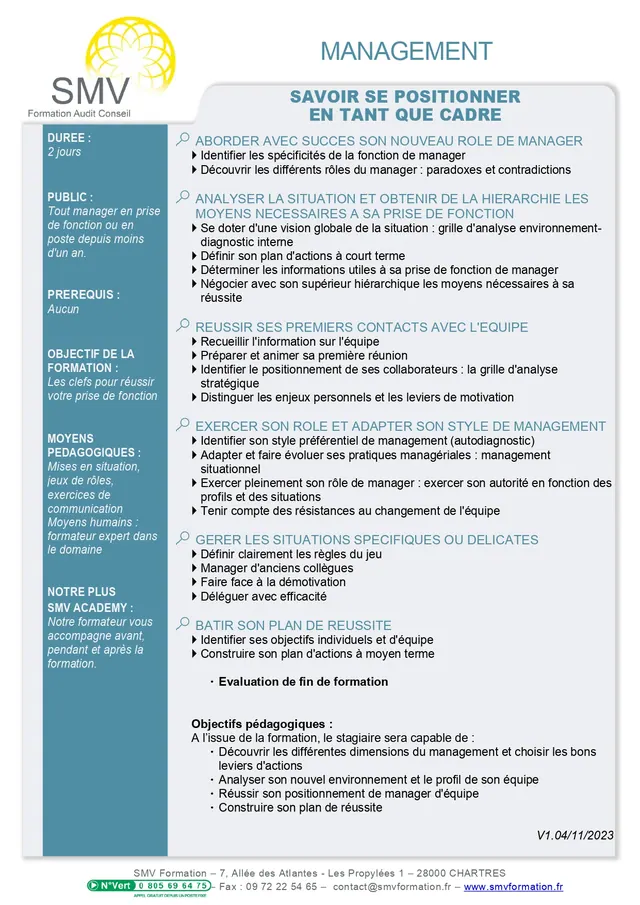 Fiche programme de la formation Savoir se Positionner en tant que Cadre : durée, public, prérequis, objectifs pédagogiques et contenu