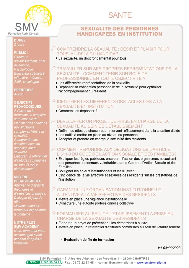 Fiche programme de la formation Sexualite des personnes handicapees en institution : durée, public, prérequis, objectifs pédagogiques et contenu