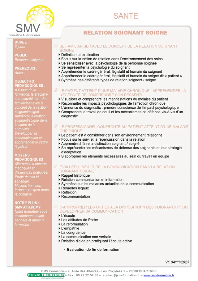 Fiche programme de la formation Relation Soignant Soigné : durée, public, prérequis, objectifs pédagogiques et contenu