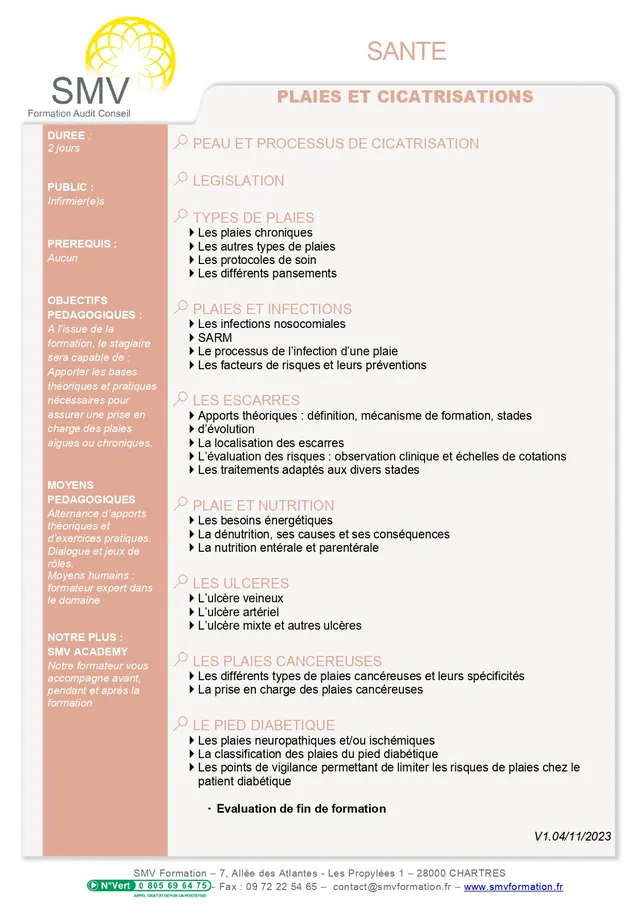 Fiche programme de la formation Plaies et cicatrisations : durée, public, prérequis, objectifs pédagogiques et contenu