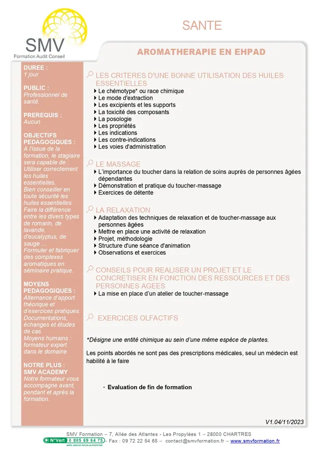 Fiche programme de la formation Aromatherapie en EHPAD : durée, public, prérequis, objectifs pédagogiques et contenu