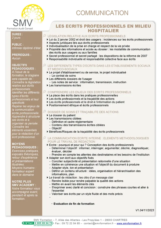 Fiche programme de la formation Les ecrits professionnels en milieu hospitalier : durée, public, prérequis, objectifs pédagogiques et contenu