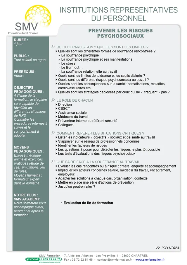 Fiche programme de la formation Prévenir les risques psychosociaux : durée, public, prérequis, objectifs pédagogiques et contenu
