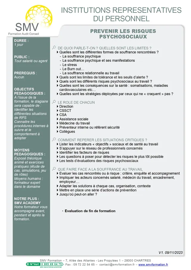 Fiche programme de la formation Prévenir les risques psychosociaux avec CSA : durée, public, prérequis, objectifs pédagogiques et contenu