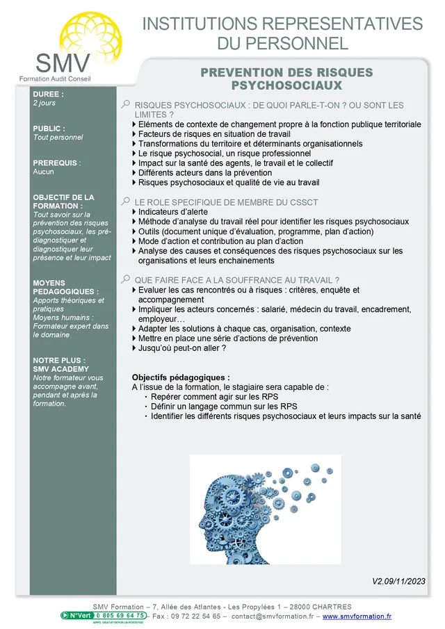 Fiche programme de la formation Prévention des Risques Psychosociaux : durée, public, prérequis, objectifs pédagogiques et contenu