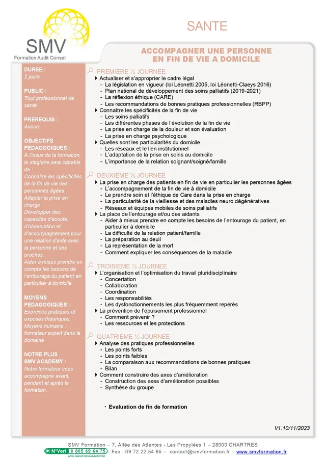 Fiche programme de la formation Accompagner une personne en fin de vie à Domicile : durée, public, prérequis, objectifs pédagogiques et contenu
