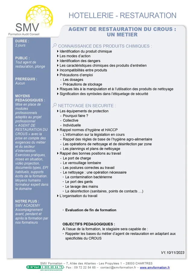 Fiche programme de la formation Agent de restauration du Crous un metier : durée, public, prérequis, objectifs pédagogiques et contenu
