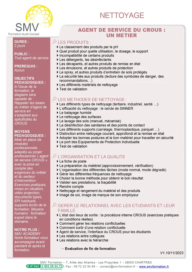 Fiche programme de la formation Agent de service du Crous un metier : durée, public, prérequis, objectifs pédagogiques et contenu