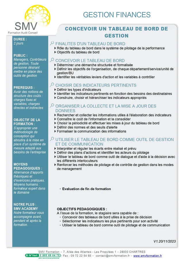 Fiche programme de la formation Concevoir un Tableau de Bord de Gestion : durée, public, prérequis, objectifs pédagogiques et contenu