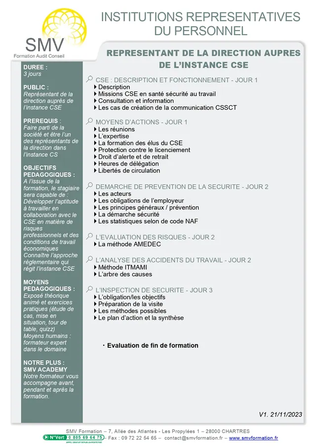 Fiche programme de la formation Représentant de la direction après de l’instance CSE : durée, public, prérequis, objectifs pédagogiques et contenu