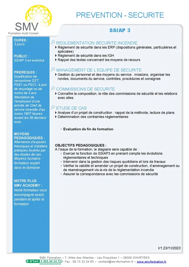 Fiche programme de la formation SSIAP 3 RECYCLAGE : durée, public, prérequis, objectifs pédagogiques et contenu