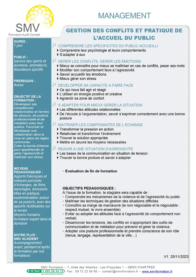 Fiche programme de la formation Gestion des conflits et pratique de l’accueil du public : durée, public, prérequis, objectifs pédagogiques et contenu