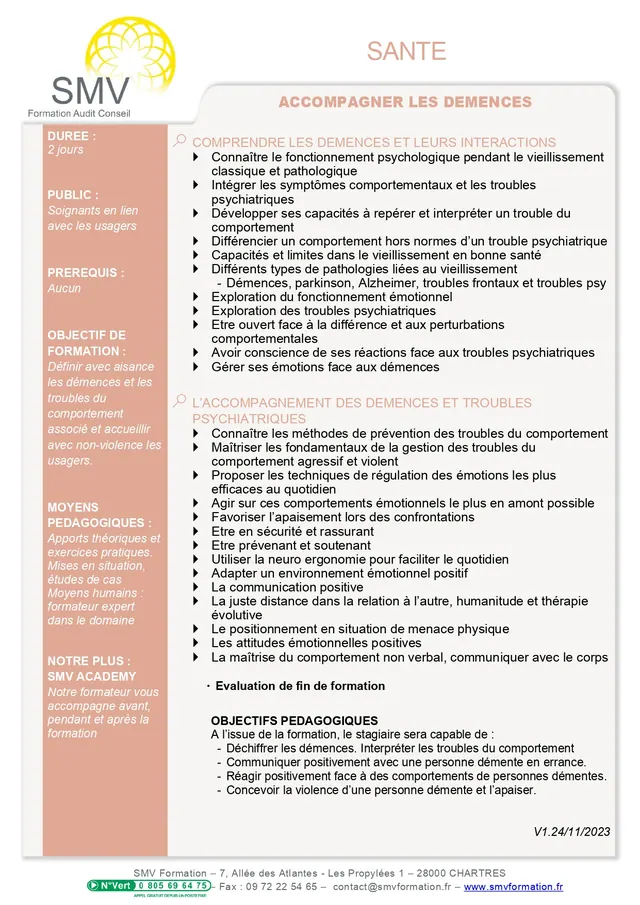 Fiche programme de la formation Accompagner les démences : durée, public, prérequis, objectifs pédagogiques et contenu