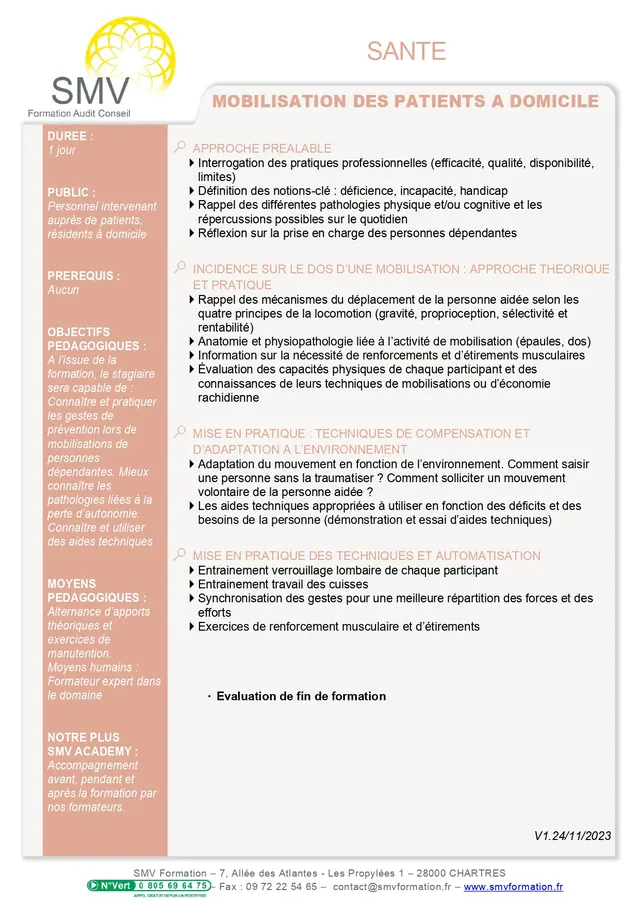Fiche programme de la formation Mobilisation des patients à domicile : durée, public, prérequis, objectifs pédagogiques et contenu