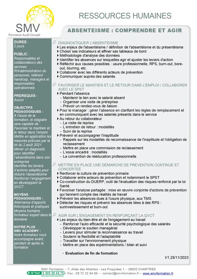 Fiche programme de la formation Formation Absentéisme : Comprendre et agir contre l’absentéisme en entreprise : durée, public, prérequis, objectifs pédagogiques et contenu