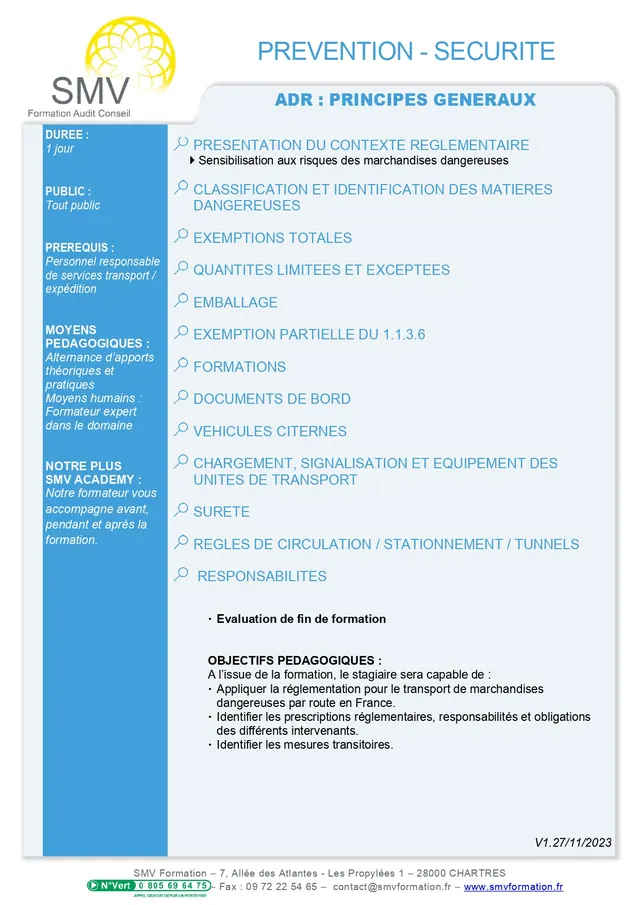 Fiche programme de la formation ADR principes généraux : durée, public, prérequis, objectifs pédagogiques et contenu