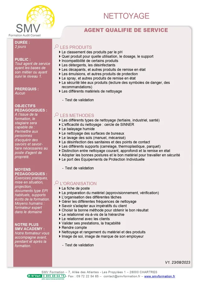 Fiche programme de la formation Agent Qualifié de Service 2 jours : durée, public, prérequis, objectifs pédagogiques et contenu