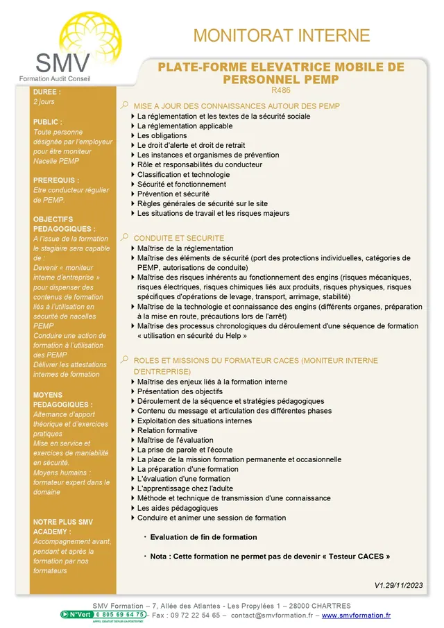Fiche programme de la formation Monitorat Interne PEMP : durée, public, prérequis, objectifs pédagogiques et contenu