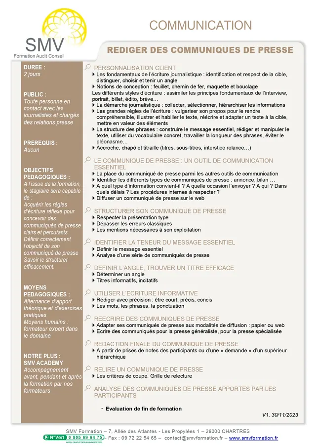 Fiche programme de la formation Rédiger des communiqués de presse SUR MESURE : durée, public, prérequis, objectifs pédagogiques et contenu