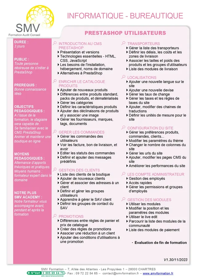 Fiche programme de la formation Prestashop utilisateurs : durée, public, prérequis, objectifs pédagogiques et contenu