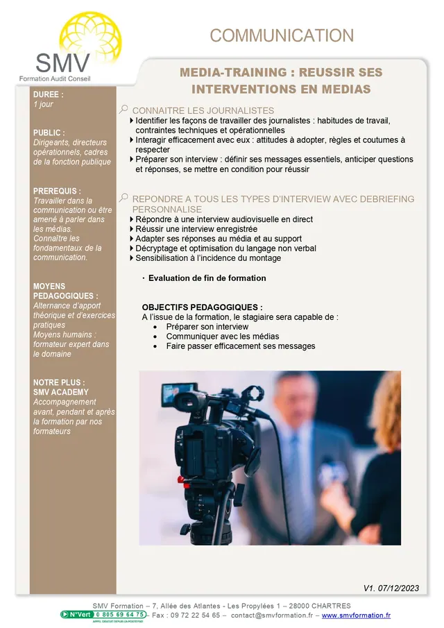 Fiche programme de la formation Média training : réussir ses interventions en médias : durée, public, prérequis, objectifs pédagogiques et contenu