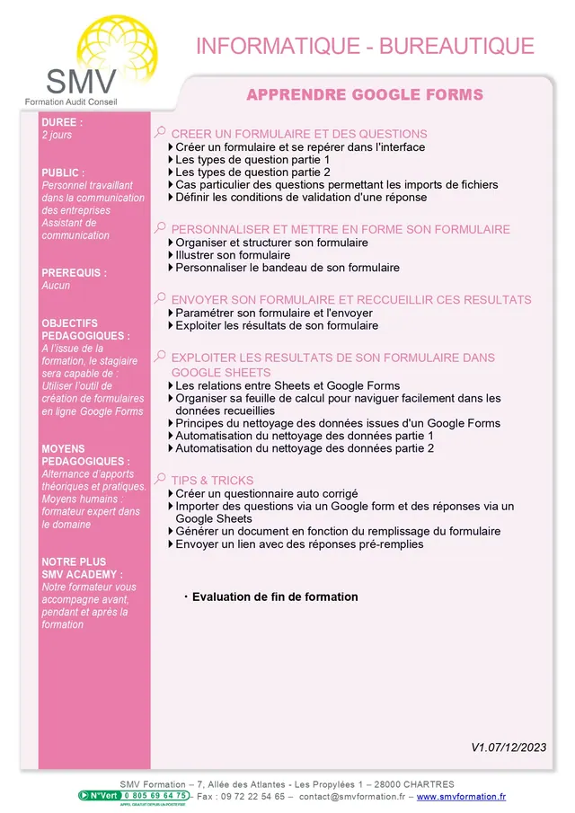 Fiche programme de la formation Apprendre google forms : durée, public, prérequis, objectifs pédagogiques et contenu