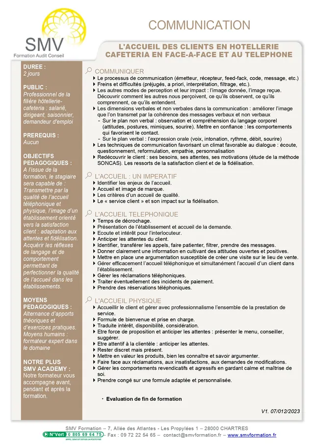 Fiche programme de la formation L’accueil des clients en hotellerie cafeteria en face à face et au téléphone : durée, public, prérequis, objectifs pédagogiques et contenu