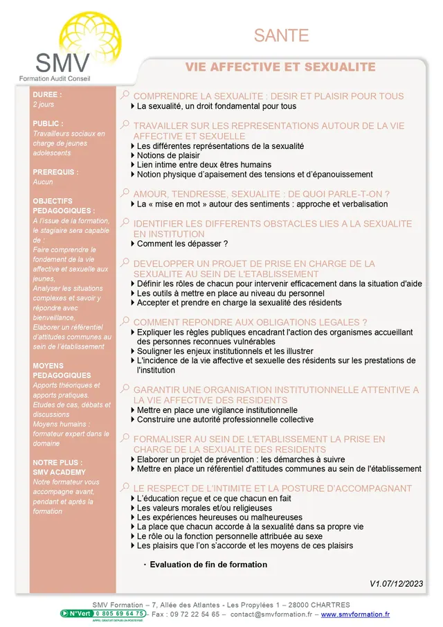 Fiche programme de la formation Vie Affective et Sexualité : durée, public, prérequis, objectifs pédagogiques et contenu