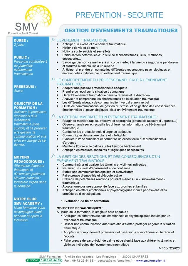 Fiche programme de la formation Gestion d’évènements traumatiques : durée, public, prérequis, objectifs pédagogiques et contenu